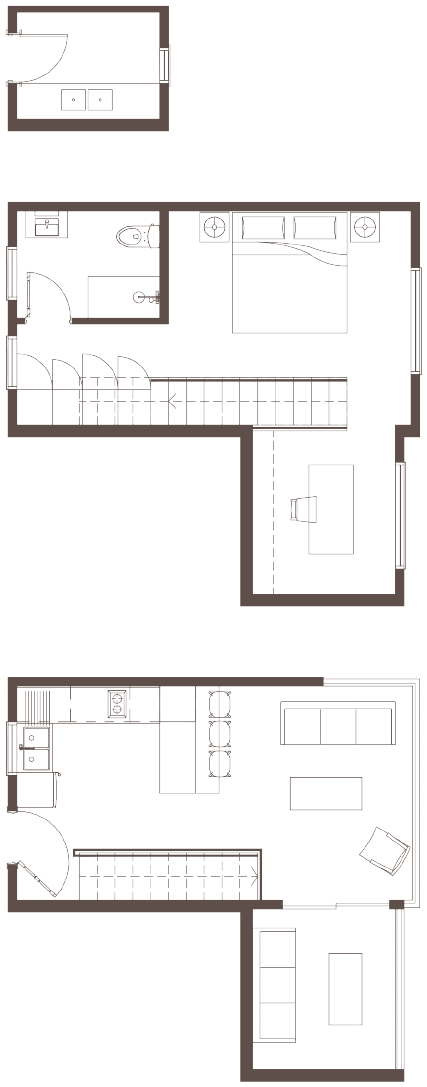 One bedroom corner duplex unit typology plan